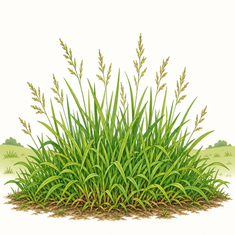 grama（グラマ草・名詞）の覚え方イラスト — ここでの grama は一般的な「牧草」という説明ではなく、乾燥地に生える特定の草、つまりグラマ草を指す植物名として覚えます