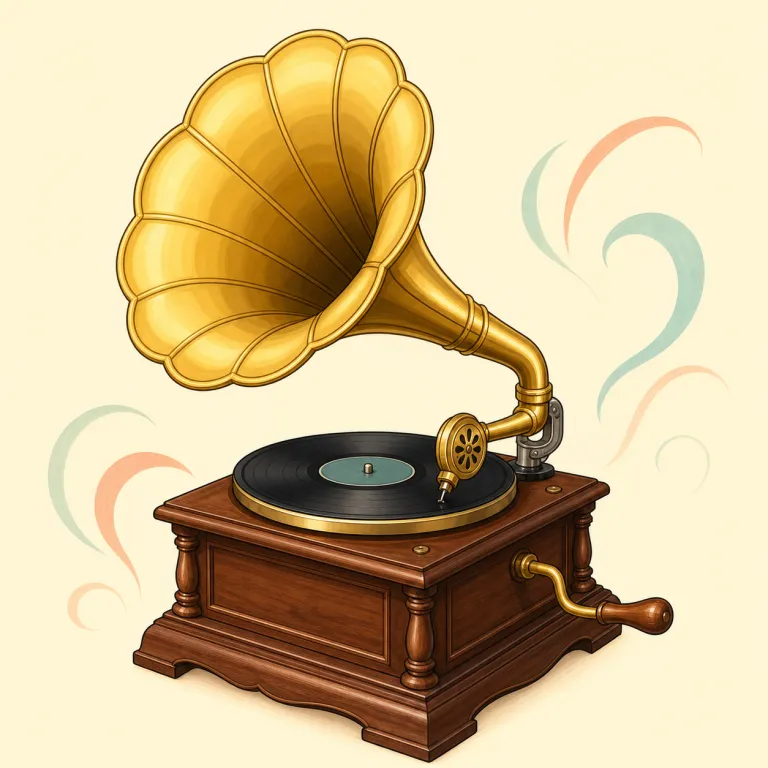 gramophone（蓄音機・名詞）の覚え方イラスト — 「-phone」は telephone, microphone, headphone で見慣れた「音・声」系