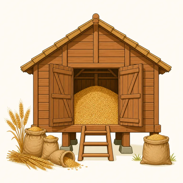 granary（穀倉・名詞）の覚え方イラスト — `grain` を知っていれば覚えやすい語