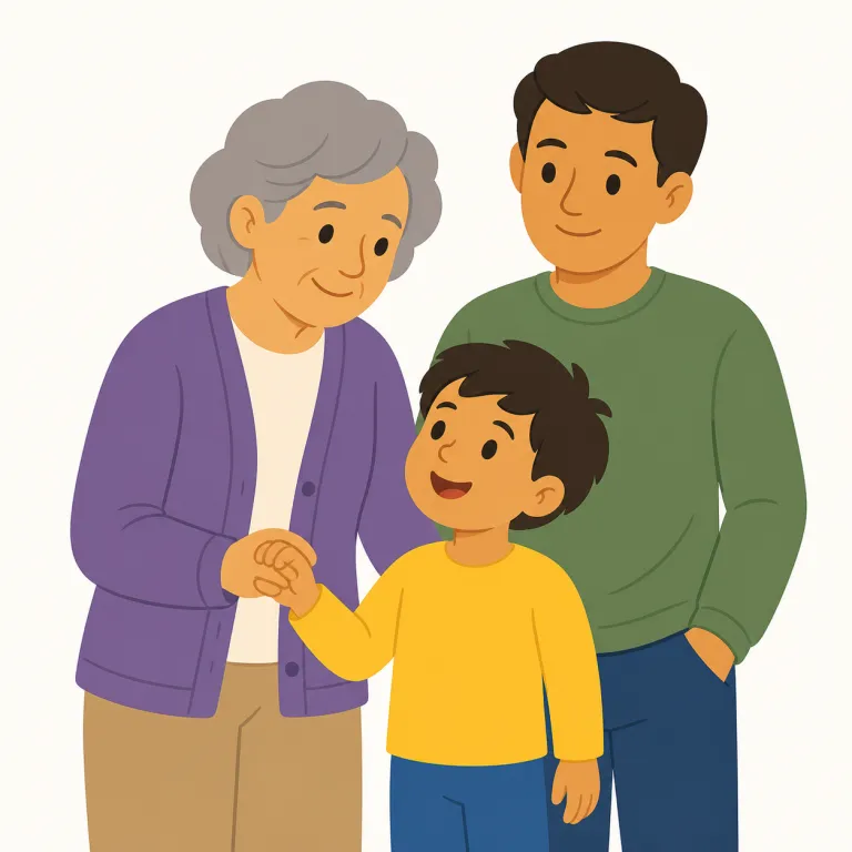 grandchild（孫・名詞）の覚え方イラスト — child が「子ども」だと分かれば、grandchild は family 語のまとまりで覚えやすいです