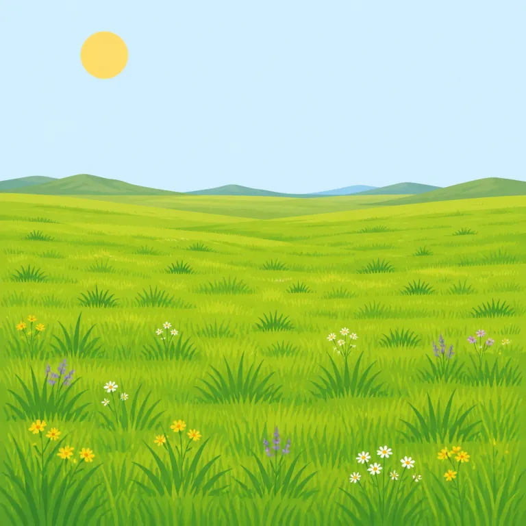 grassland（草原・名詞）の覚え方イラスト — grass（草）と land（土地）がそのまま合わさった語なので、まず「草の広がる土地」と直結させると覚えやすいです