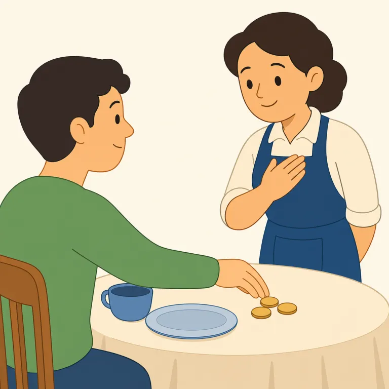 gratuity（チップ・名詞）の覚え方イラスト — gratuity は gratitude（感謝）や grateful（感謝している）と同じ grat- を含むので、「感謝として渡すお金」と結びつけると覚えやすいです