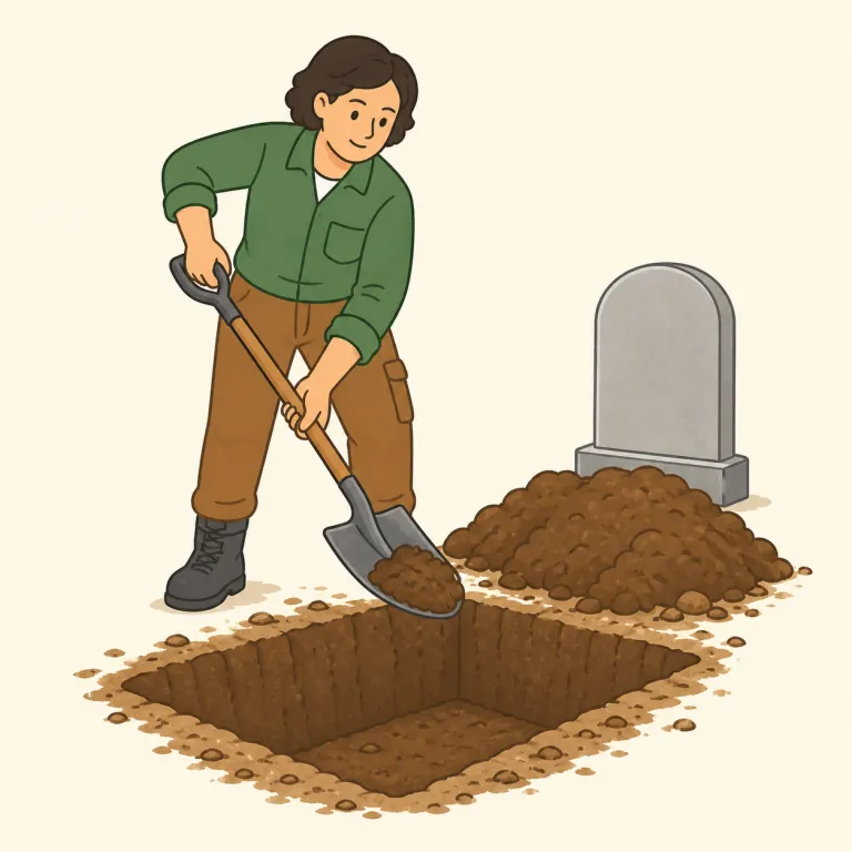 gravedigger（墓掘り人・名詞）の覚え方イラスト — このエントリでは、gravedigger を単に「墓穴を掘る人」という基本義だけでなく、墓地で埋葬に携わる古い職業名や、文学で死を連想させる人物として覚えます