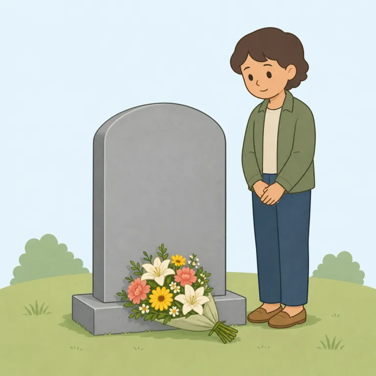 graveside（墓前・名詞）の覚え方イラスト — grave が「墓」、side が「そば」なので、まずは『墓そのもの』ではなく『墓の横・墓前の場面』を指す語だと押さえると覚えやすいです