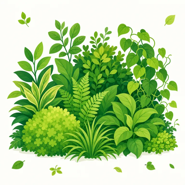 greenery（草木、青々とした植物・名詞）の覚え方イラスト — green が「緑」という色そのものなのに対し、greenery は「緑に見える原因である草木の茂り」をまとめて指す語だと押さえると覚えやすいです