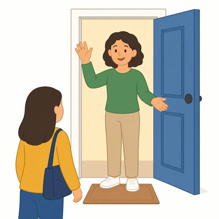 greeter（出迎え係・名詞）の覚え方イラスト — この語は greet「挨拶して迎える」+ -er「する人」からできているが、ここでは単に挨拶する人ではなく、店や会場の入口で来客を迎える役割の人を指す
