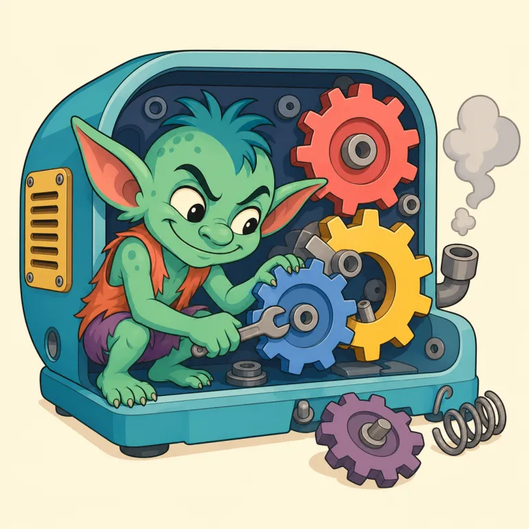 gremlin（（機械などの）故障の原因とされるいたずらな妖精・名詞）の覚え方イラスト — gremlin は、bug や glitch よりも少し物語っぽく、「原因不明の不具合を起こす見えないいたずら者」として覚えると残りやすい語です