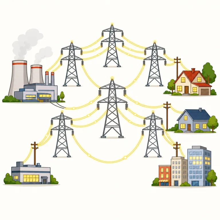 grid（送電網、電力網・noun）の覚え方イラスト