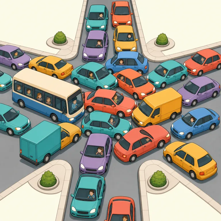 gridlock（交通まひ・名詞）の覚え方イラスト — grid は「格子」、lock は「動かないように固定すること」なので、格子状の道路すべてが車でロックされた場面を思い浮かべると覚えやすい語です