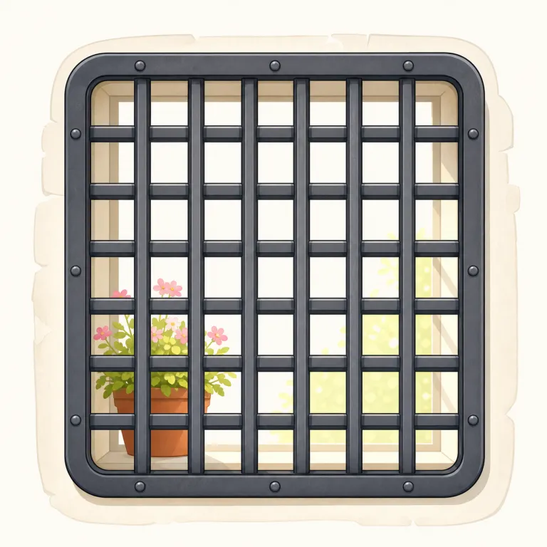 grille（格子 / 鉄格子・名詞）の覚え方イラスト — grille は grill とほぼ同じ音で、まず『焼くための金網・焼き網』の grill を思い出すと形がつかみやすい語です