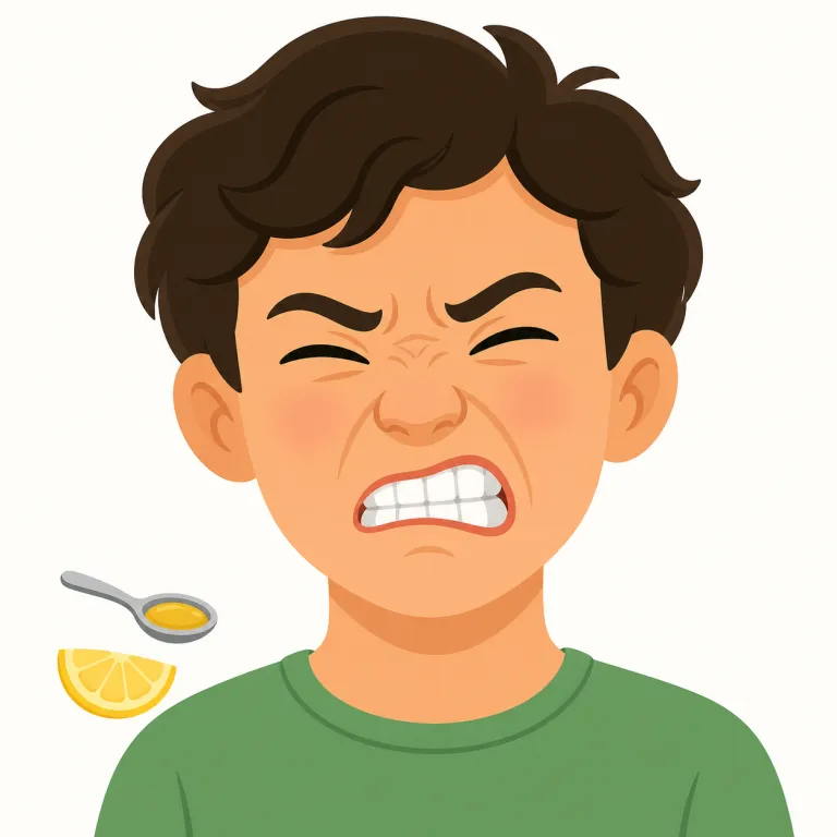grimacing（顔をしかめる、しかめっ面をする・動詞）の覚え方イラスト — grim を知っていれば「険しい・つらそうな」顔つきが浮かぶ