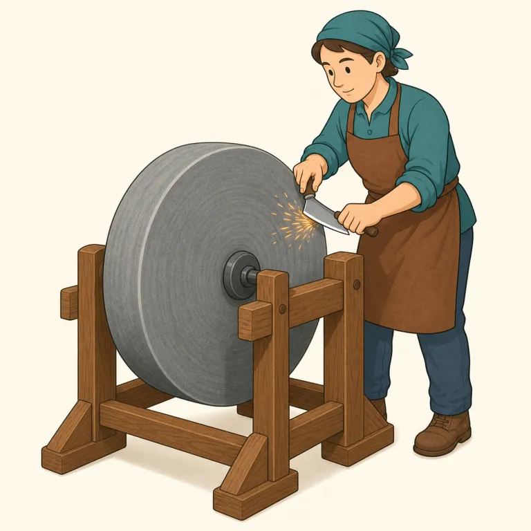 grindstone（砥石・名詞）の覚え方イラスト — grind + stone で「削るための石」と分けると覚えやすい