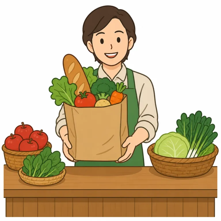 grocer（食料品店主・noun）の覚え方イラスト