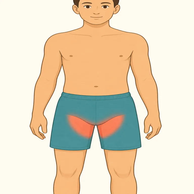 groin（鼠径部・名詞）の覚え方イラスト — body-part 語彙として knee, hip, thigh と並べて覚えると定着しやすい