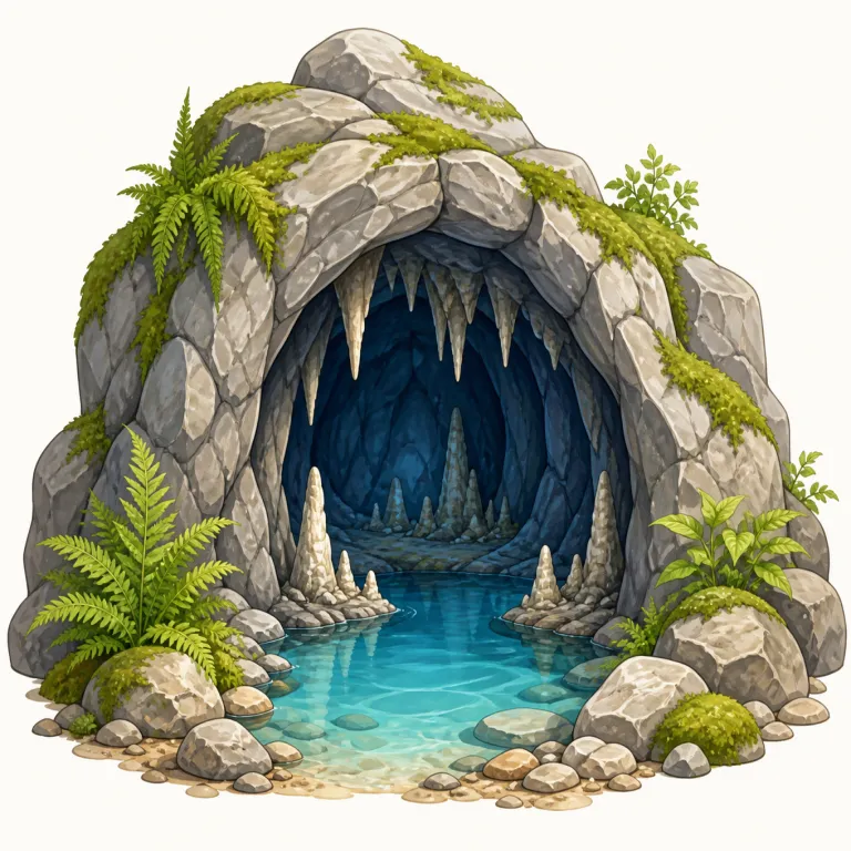 grotto（洞窟・名詞）の覚え方イラスト — まず基本語の cave を土台にし、その中でも grotto は「ただの洞窟」ではなく、小さめで人目につきにくく、どこか美しく神秘的な空間を指すことが多いと押さえると残りやすいです
