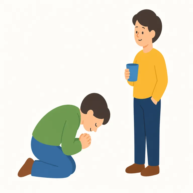 grovel（ひれ伏す・動詞）の覚え方イラスト — grovel は、体をとても低くして地面に這いつくばる、または足元にひれ伏す姿勢を思い浮かべると覚えやすい語です