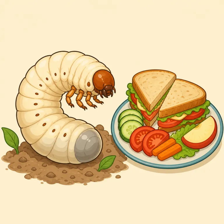 grub（幼虫 / 食べ物・名詞）の覚え方イラスト — grub は、土の中にいる丸く柔らかな「幼虫」と、口語の「食べ物」という二つの用法を持つ