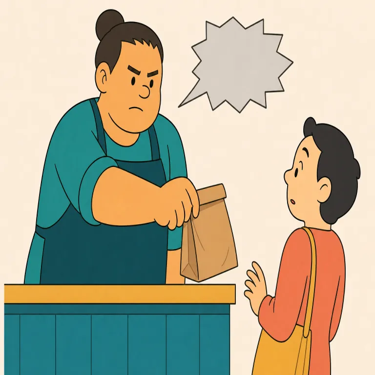 gruff（ぶっきらぼうな、不愛想な、荒っぽい・形容詞）の覚え方イラスト — rough を知っていると覚えやすい語で、なめらかでない「荒さ」が、そのまま声や話し方、態度に移った感じが gruff