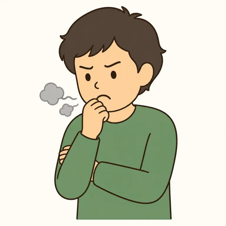 grumble（不平不満を言う・動詞）の覚え方イラスト — このエントリの grumble は、人が不満を低い声でぶつぶつ漏らす動作です