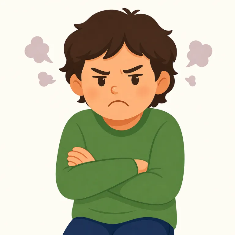 grumpy（不機嫌そうな・形容詞）の覚え方イラスト — grumpy は「怒っている angry」ほど強く爆発してはいないが、表情や態度に不機嫌さがにじむ語