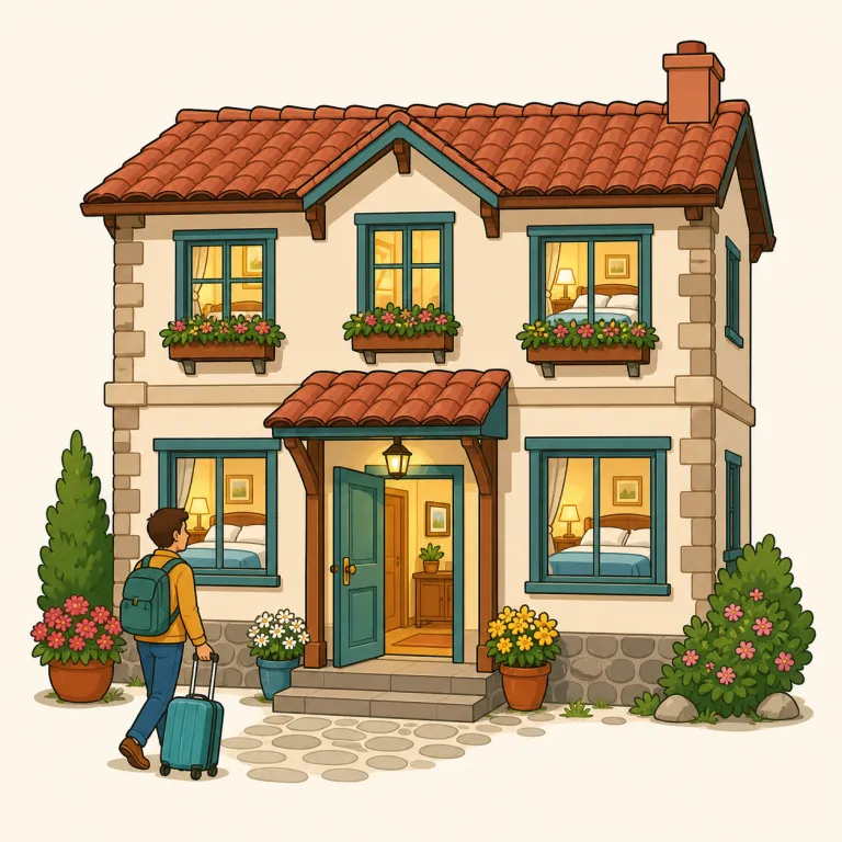 guesthouse（小さな宿泊施設、民宿・名詞）の覚え方イラスト — guest は「お客さん」、house は「家」と考えましょう