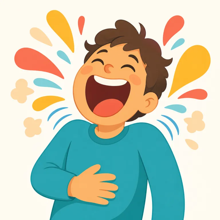 guffaw（爆笑・名詞）の覚え方イラスト — まず smile→laugh→guffaw の順で、表情だけの笑みから、声の出る笑い、そして周囲に聞こえる爆笑へと強さが上がると並べて覚える