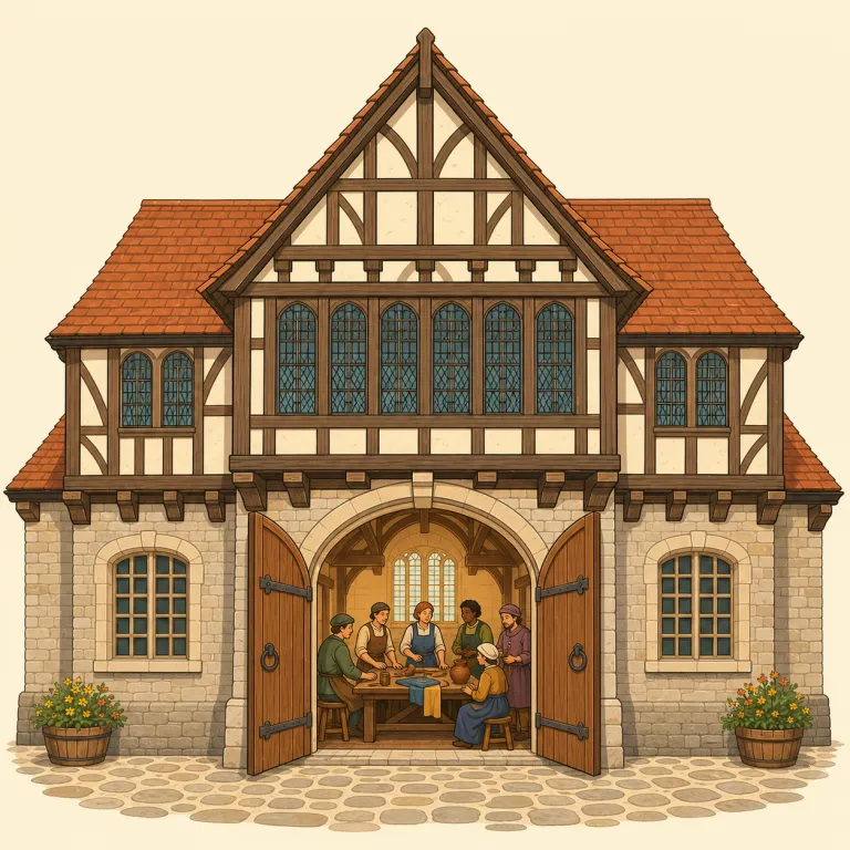 guildhall（ギルド会館・名詞）の覚え方イラスト — guildhall は guild + hall と切ると覚えやすい