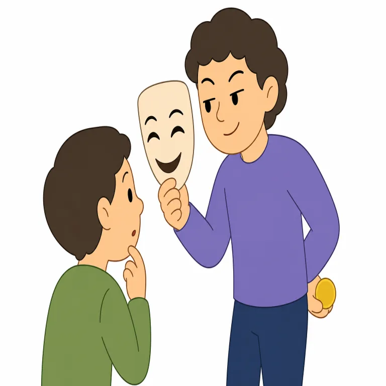 guile（狡猾さ・名詞）の覚え方イラスト — guile は「力で押す」のではなく、表向きは穏やかでも内側では相手を操る“ずる賢い知恵”として覚えると定着しやすいです
