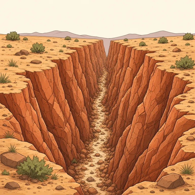 gulch（峡谷・名詞）の覚え方イラスト — valley（谷）よりずっと細く深く、canyon ほど大規模ではない“切れ込んだ谷”として置くと覚えやすい語です