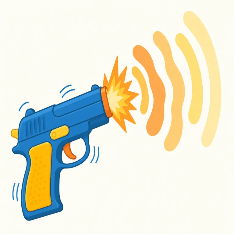 gunfire（銃声・名詞）の覚え方イラスト — gun と fire をそのまま並べた語で、「銃＋発砲音」と押さえると意味が取りやすいです