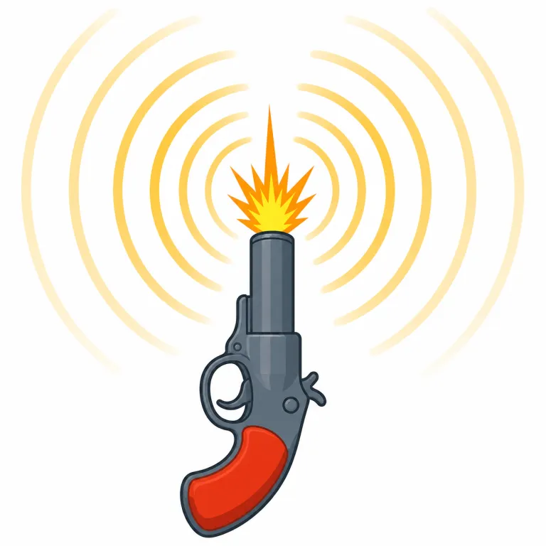 gunshot（銃声・名詞）の覚え方イラスト — このエントリの gunshot は、銃撃という出来事ではなく、銃が発射されたときに聞こえる鋭い音を表します