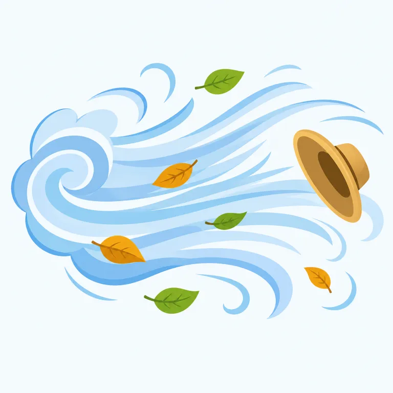 gust（突風・名詞）の覚え方イラスト — a gust of wind は「風の一発」という感覚で、連続した風ではなく、突然来てすぐ弱まるひと吹きを指します