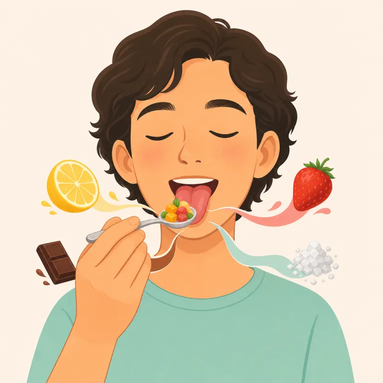 gustatory（味覚の・形容詞）の覚え方イラスト — gusto（食欲たっぷりに、うまそうに食べる感じ）が浮かべば、gust- は「味わう」仲間だと整理しやすいです