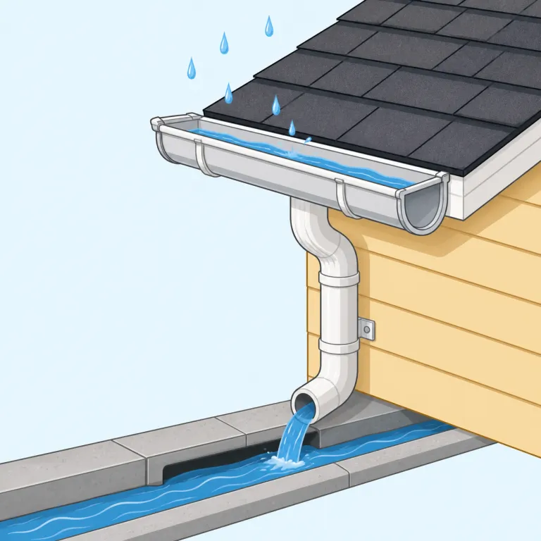 gutter（雨どい、側溝・名詞）の覚え方イラスト — gutter は「水を受けて、端に沿って流す細長い溝」とまとめて覚えるとぶれません