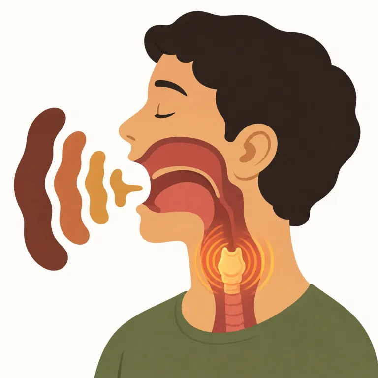 guttural（喉音の、のどから出る・形容詞）の覚え方イラスト — 「音の出どころ」を意識すると覚えやすい語です