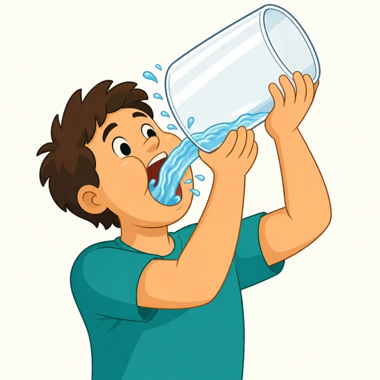 guzzle（がぶ飲みする・動詞）の覚え方イラスト — guzzle は drink よりずっと荒っぽく、gulp（一気に飲み込む）や gobble（がつがつ食べる）に近い「勢い」を持つ語として覚えると残りやすいです
