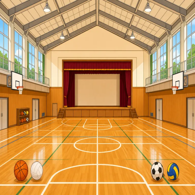 gym（体育館・noun）の覚え方イラスト