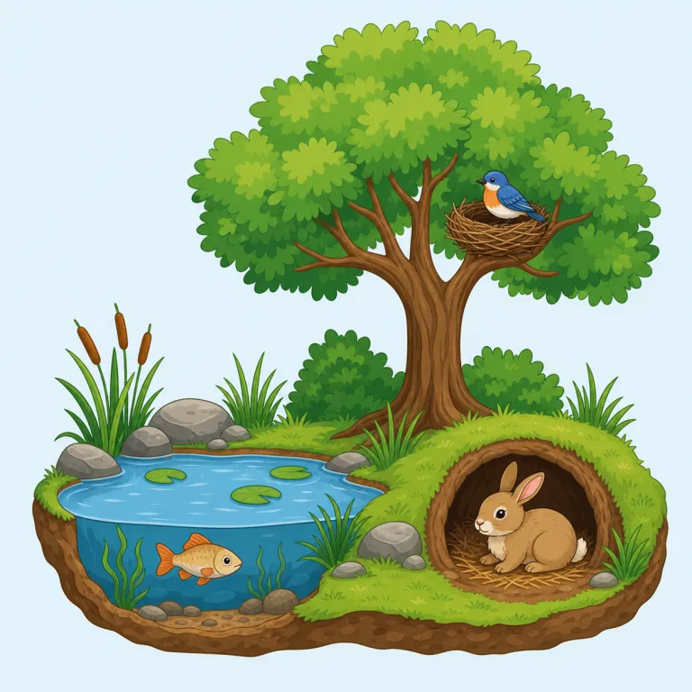 habitat（生息地・名詞）の覚え方イラスト — habitat は inhabit「住む」と同じ living in a place の感覚で、動物や植物が自然に暮らせる「生息地」を表します