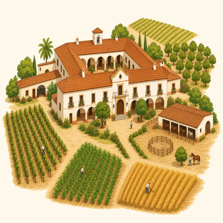hacienda（大農園、大農場・名詞）の覚え方イラスト — hacienda は単なる farm よりずっと大きく、畑だけでなく屋敷や使用人の暮らしまで含む「領地つき大農園」のイメージで覚えると残りやすいです