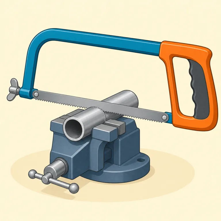 hacksaw（弓のこ・名詞）の覚え方イラスト — `saw` を知っていれば後半はそのまま「のこぎり」
