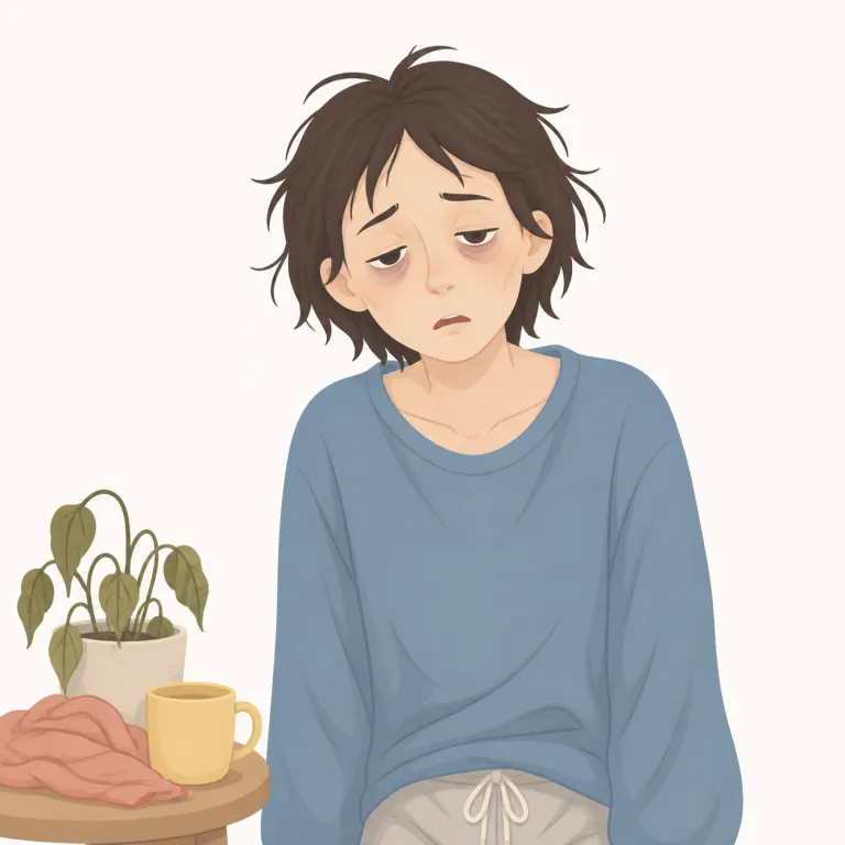 haggard（やつれた・形容詞）の覚え方イラスト — haggard は「ただ疲れている」ではなく、疲労・心労・病気が顔や見た目にはっきり出てしまった状態を表す形容詞
