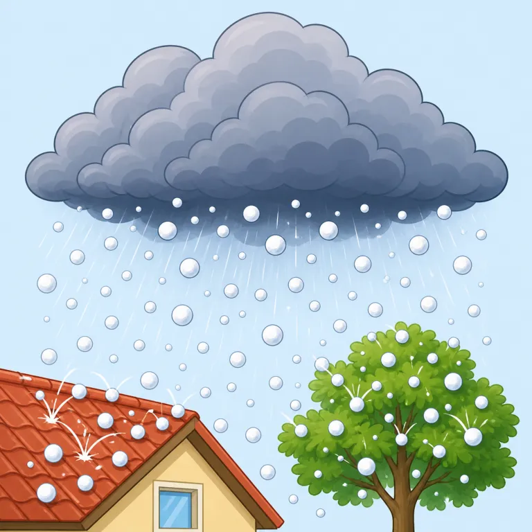 hailstorm（ひょう嵐・名詞）の覚え方イラスト — hailstorm は hail「ひょう」+ storm「嵐」と、そのまま二語に分けて覚えるのが最短です