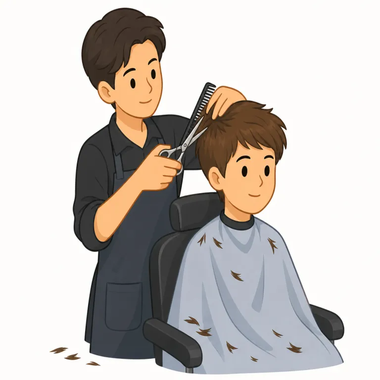 haircut（散髪・名詞）の覚え方イラスト — この haircut は「髪型」ではなく、「髪を切ってもらうこと、散髪」という行為・サービスを表す意味として覚えます
