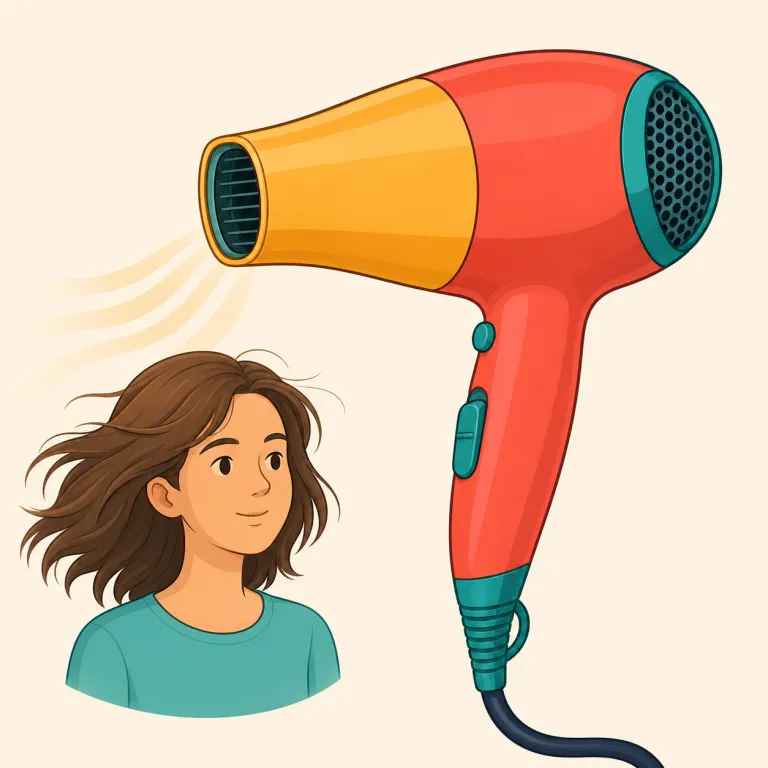 hairdryer（ヘアドライヤー・名詞）の覚え方イラスト — hair「髪」＋dryer「乾かす器具」と分解すれば、そのまま「髪を乾かす器具」です