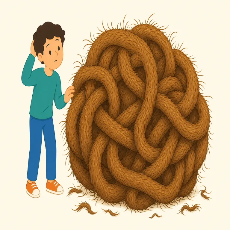 hairy（毛深い、厄介な・形容詞）の覚え方イラスト — まず literal な意味は hair（髪・毛）が見えているので取りやすい
