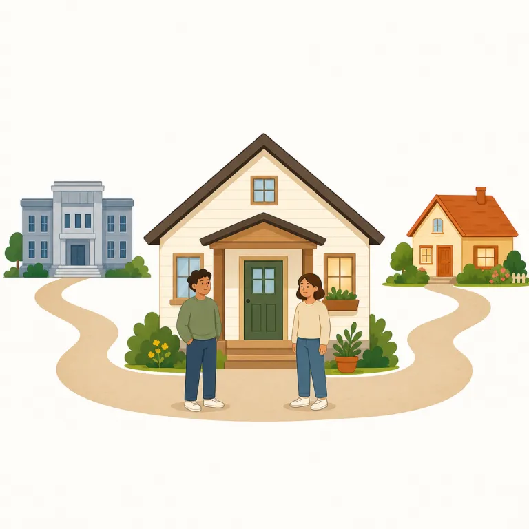 halfway house（妥協点、中間施設・名詞）の覚え方イラスト — `half + way + house`で、「ゴールまで半分の地点にある家」とひとまとまりで覚えると定着しやすい語です