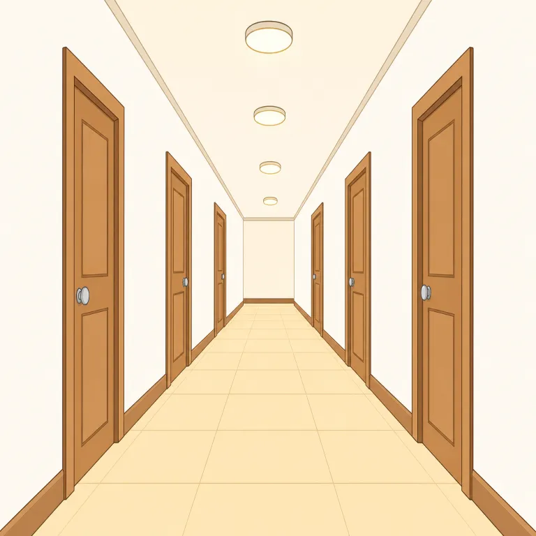 hallway（廊下・名詞）の覚え方イラスト — この hallway は「玄関ホール」の基本義とは別に、建物内で部屋と部屋をつなぐ通路としての「廊下」を指す用法です