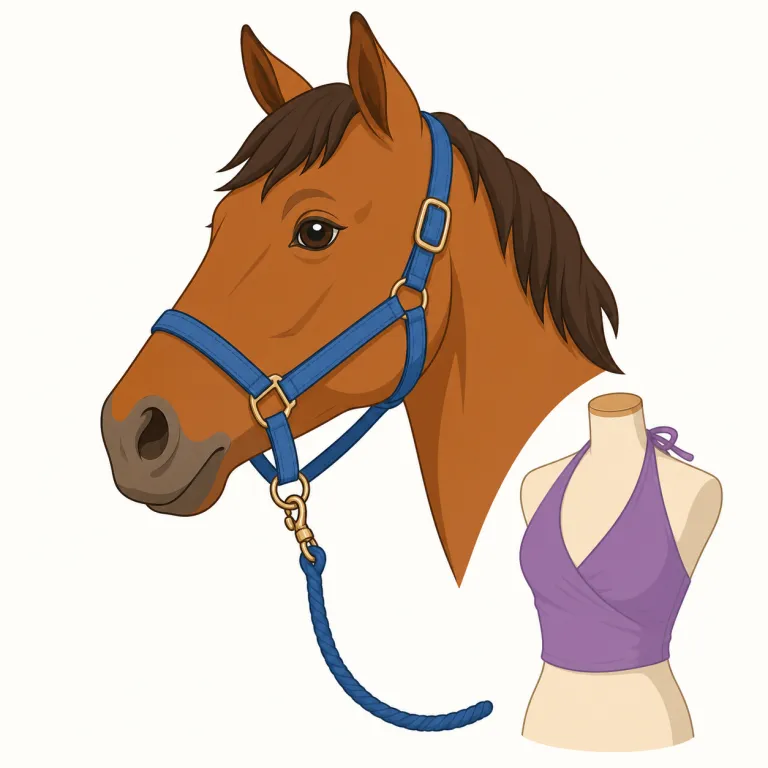halter（（馬の）無口、ホルターネックの服・名詞）の覚え方イラスト — 覚える核は「首や頭に掛けて支える・制する帯状のもの」という一枚の絵です