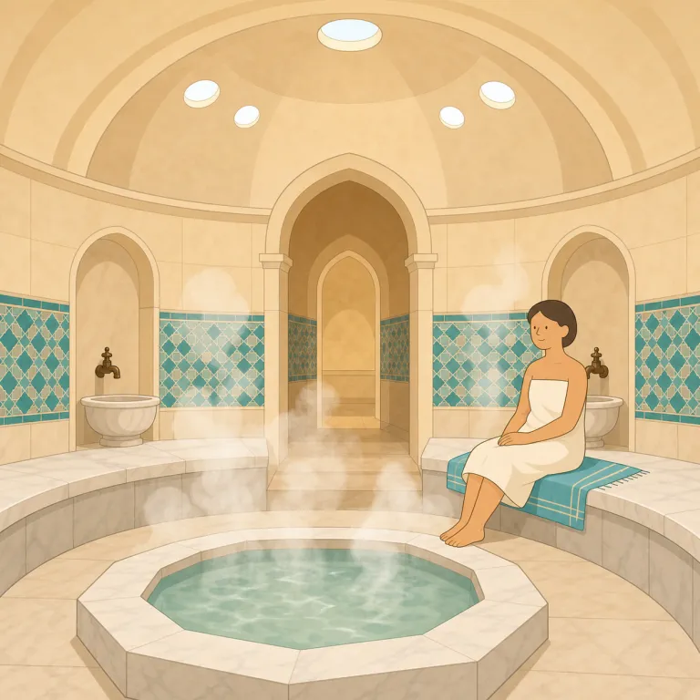 hammam（トルコ風呂・名詞）の覚え方イラスト — bath, bathhouse, sauna, spa と同じ「入浴・リラックス施設」の語群で覚えるとよいです