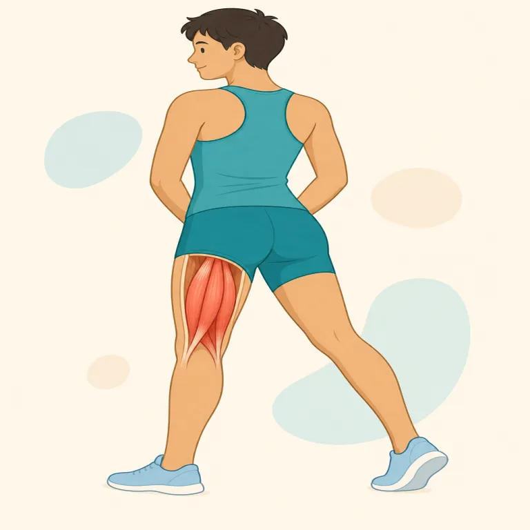 hamstring（ハムストリング（太ももの裏側の筋肉）・名詞）の覚え方イラスト — hamstring は string を含むので、太ももの裏にひも状に伸びる筋を思い浮かべると定着しやすい